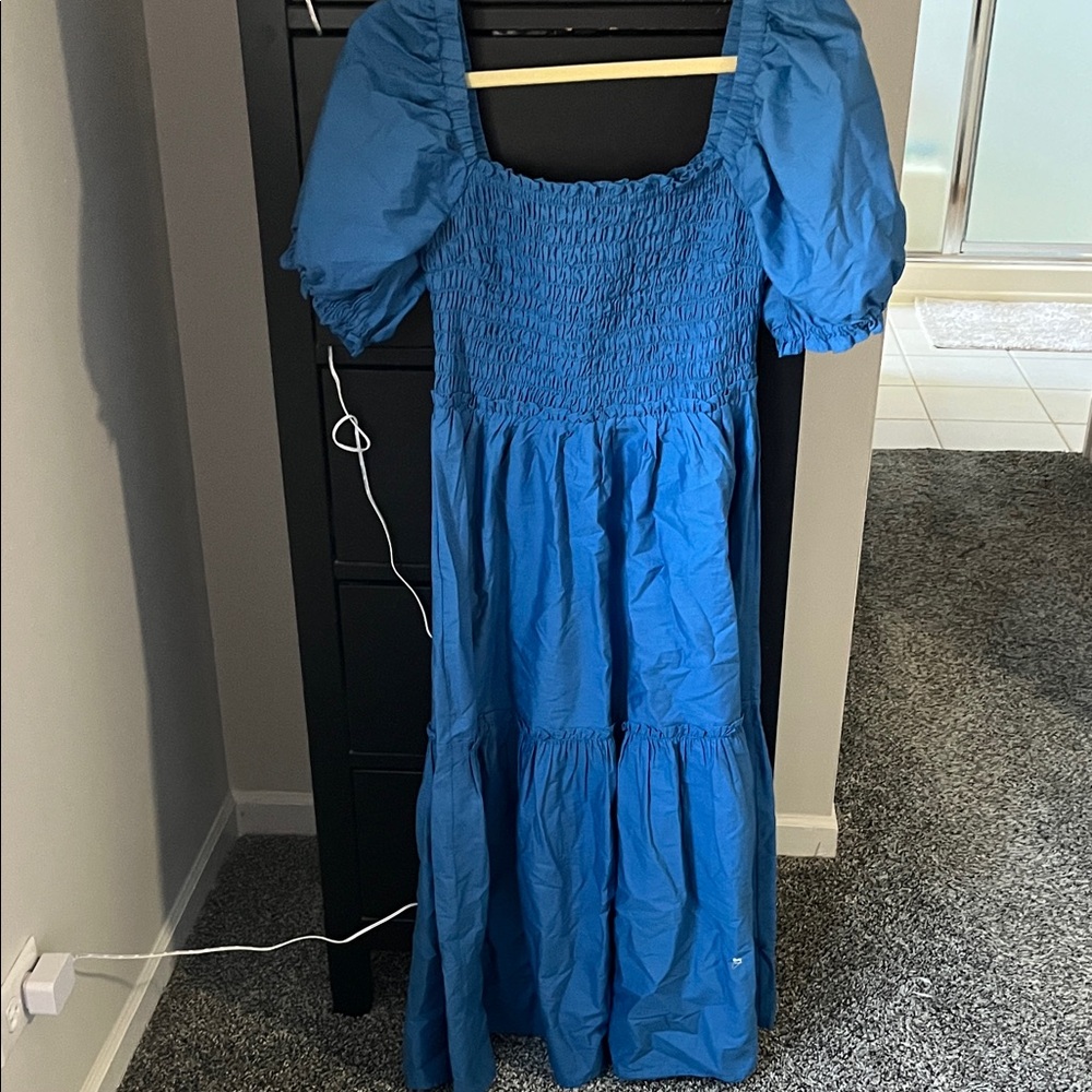 Blue Smocked Midi Dress